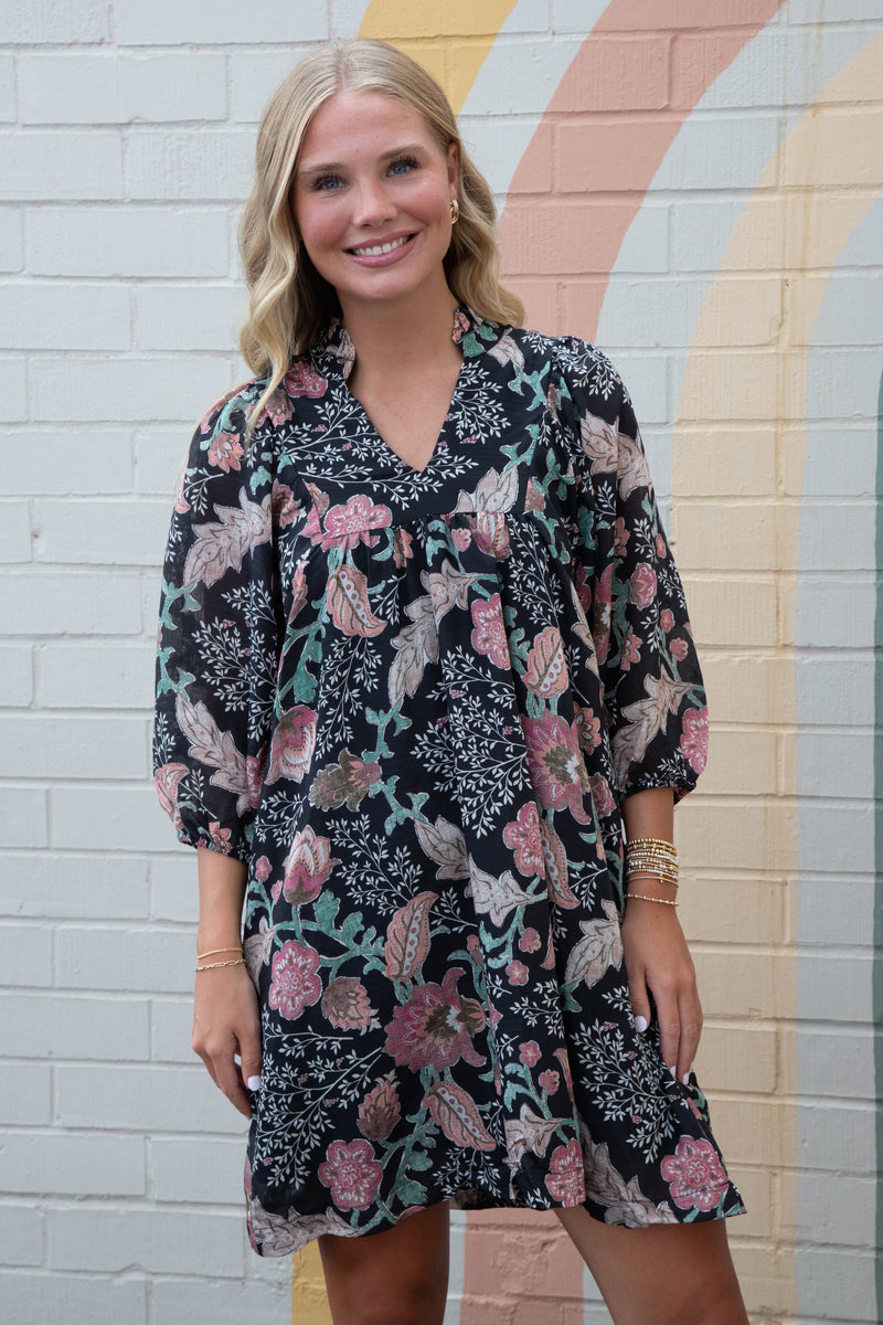 Lilia Floral Ruffled V-Neck Dress, Black