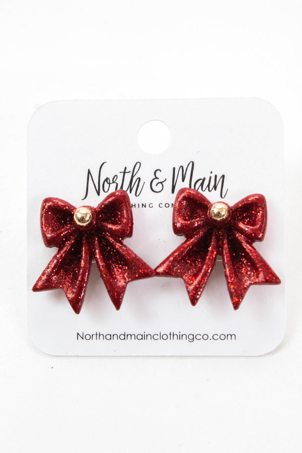 Glitter Bow Stud Earring, Red