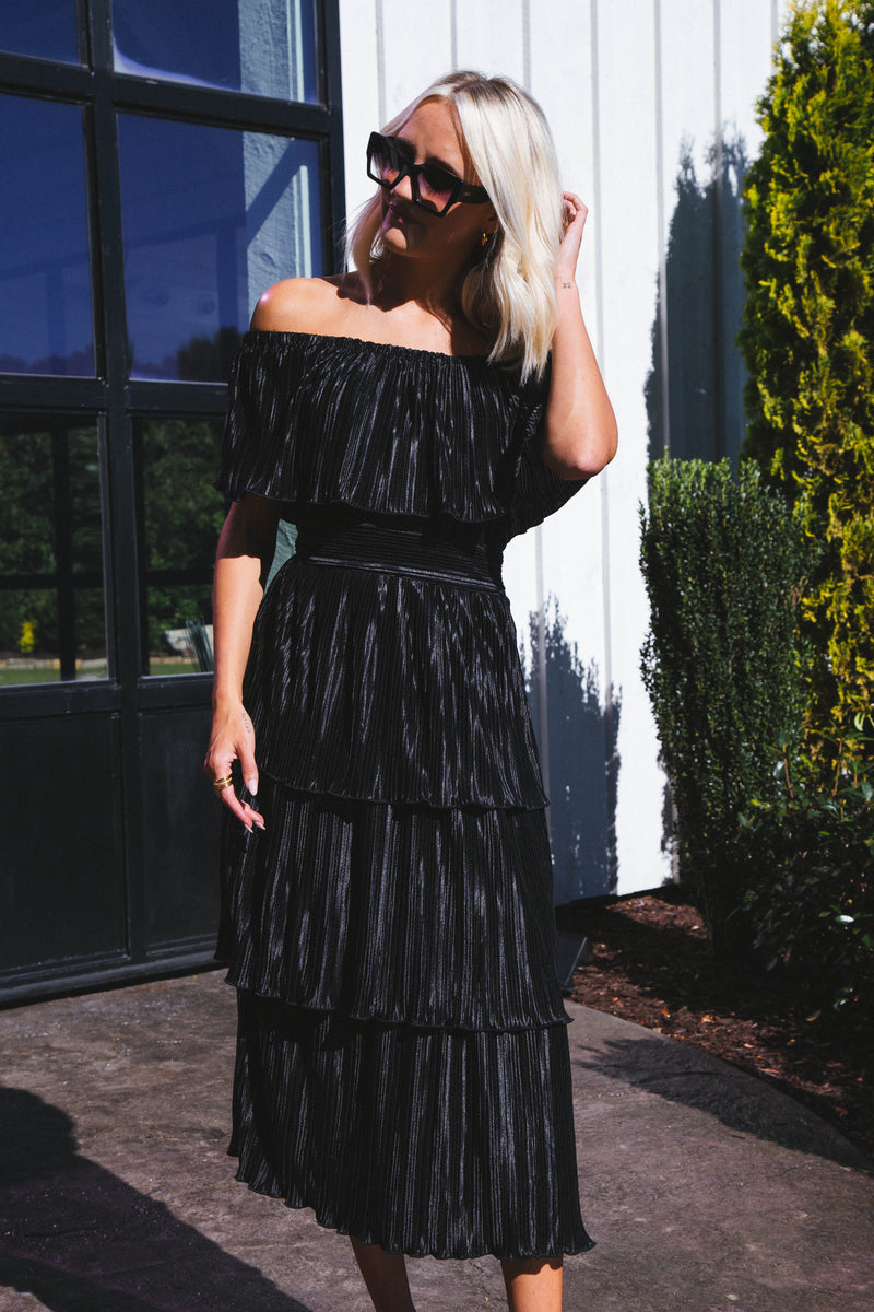 Gamora Pleated Midi Dress, Black