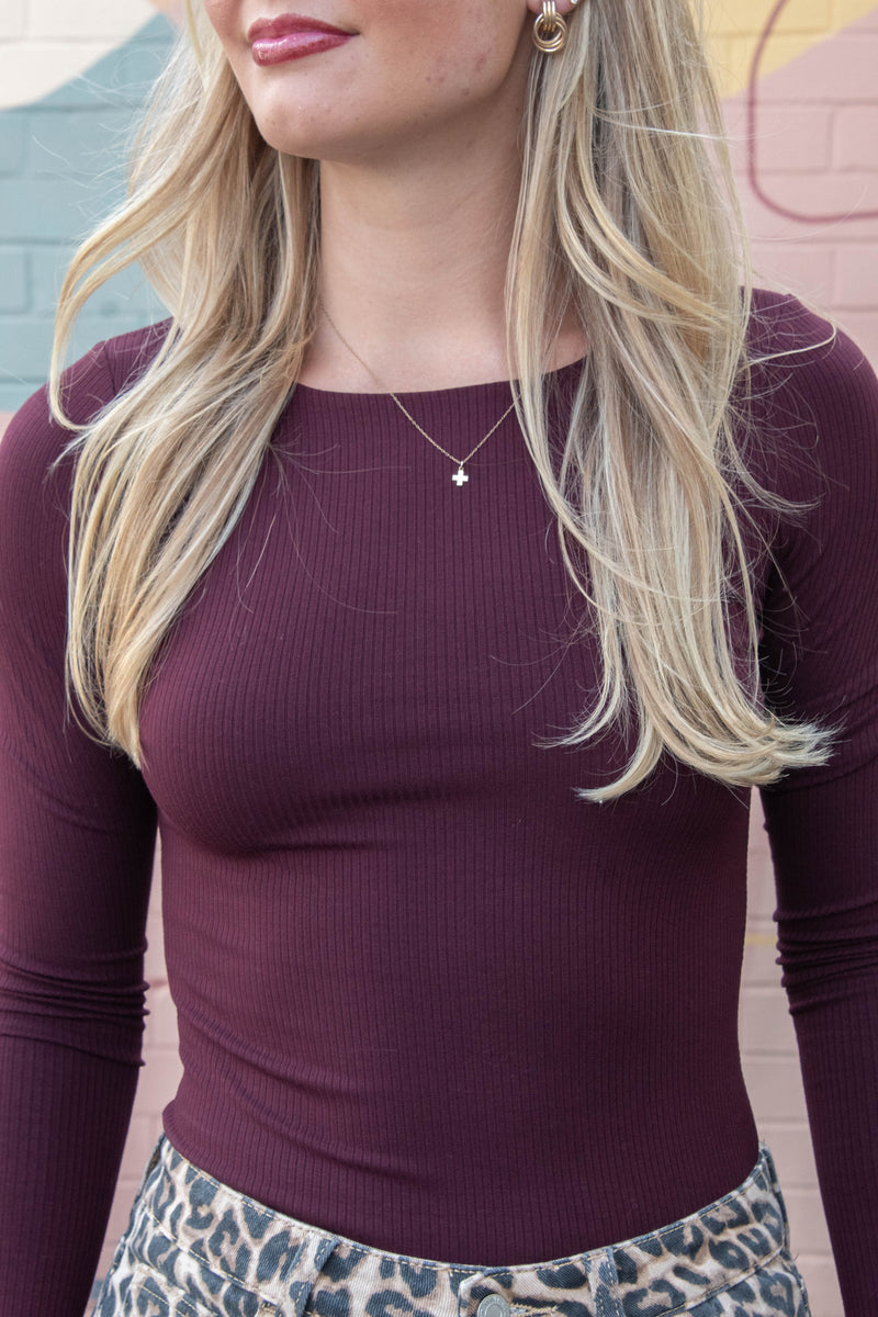 Elowyn Double Layer Rib Knit Tee, Maroon