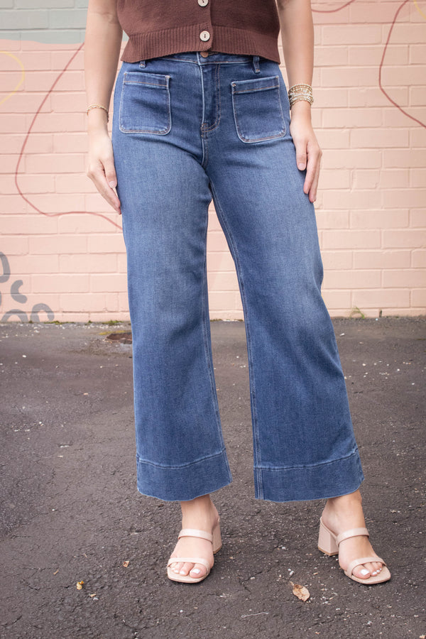 Kaia Crop Wide Leg Patch Pocket Jeans, Dark
