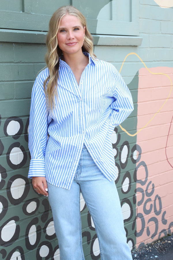 Sabine Tailored Stripe Shirt, Oxford Stripe Blue | Free People