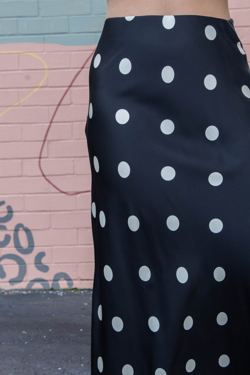 Sloane Satin Polka Dot Midi Skirt, Black-Cream Dot