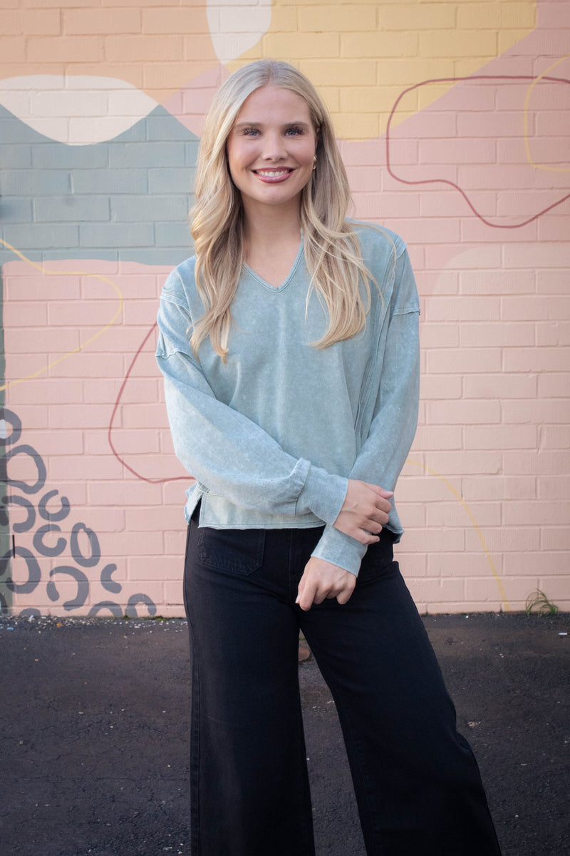 Remy Washed Exposed Seam Knit Top, Moss