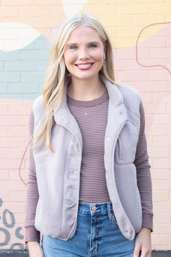 Elena Fleece Button Up Vest, Earth Grey