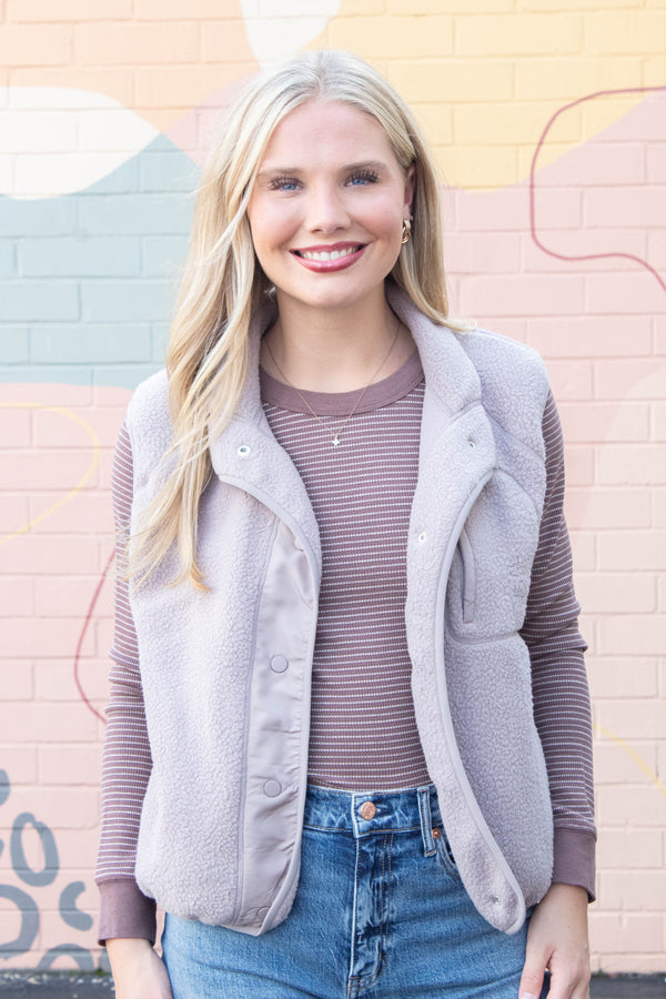 Elena Fleece Button Up Vest, Earth Grey