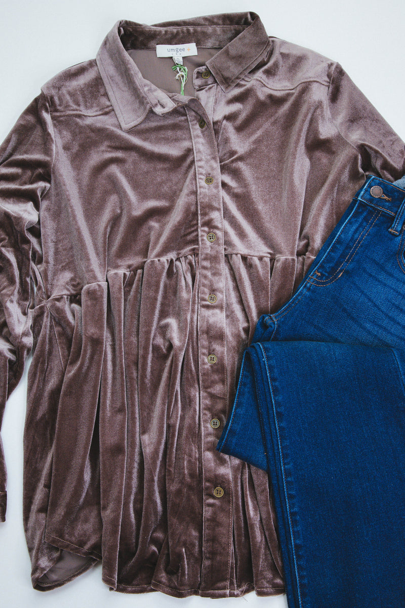 Vale Velvet Babydoll Shirt, Almond | Plus Size