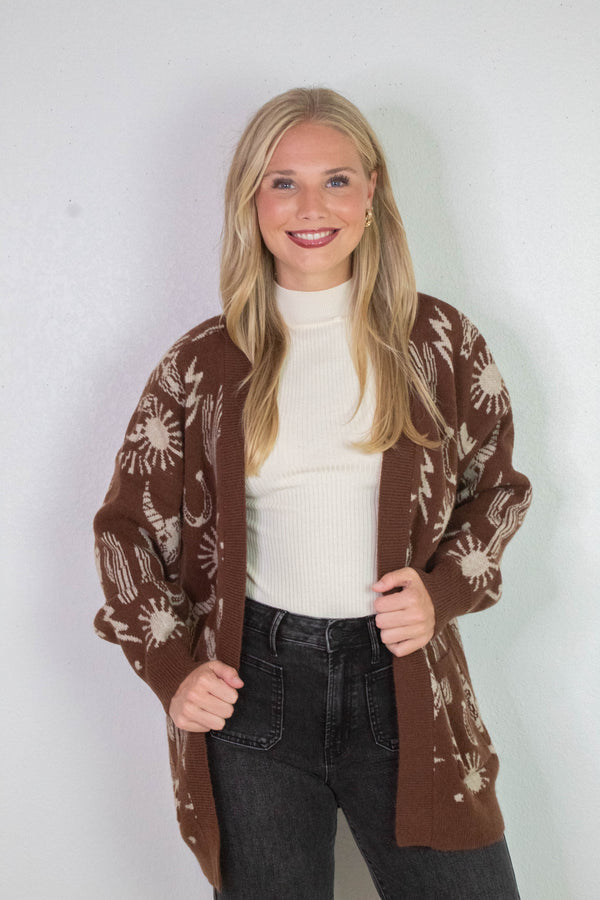 Alina Oversized Western Print Cardigan, Chocolate