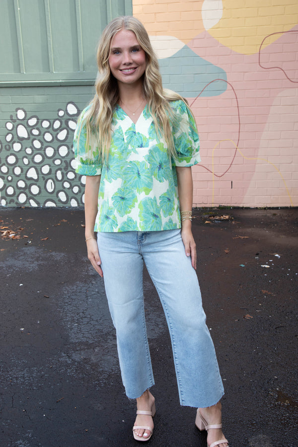 Eden Floral Puff Sleeve Top, Green Ivory Mix