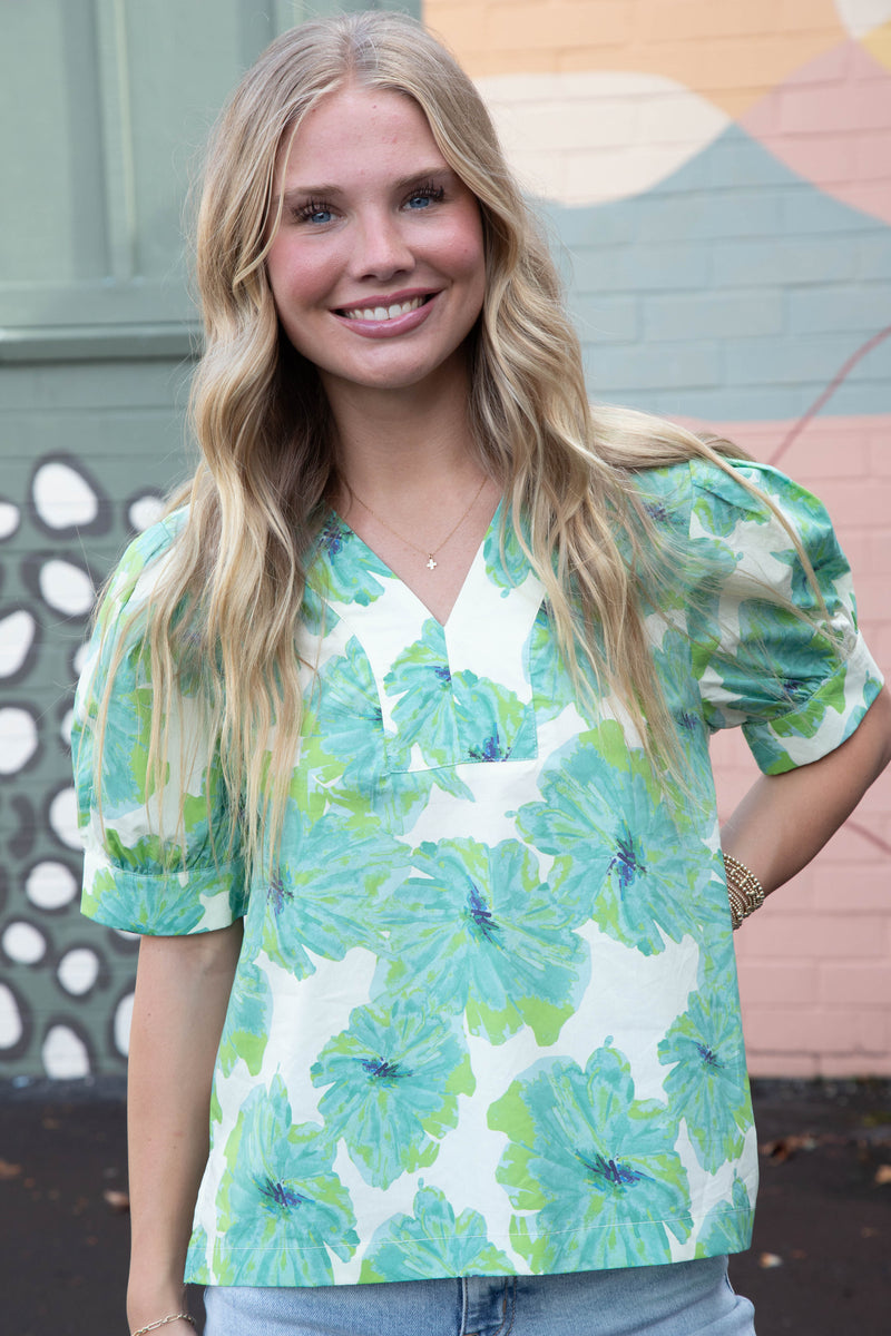 Eden Floral Puff Sleeve Top, Green Ivory Mix