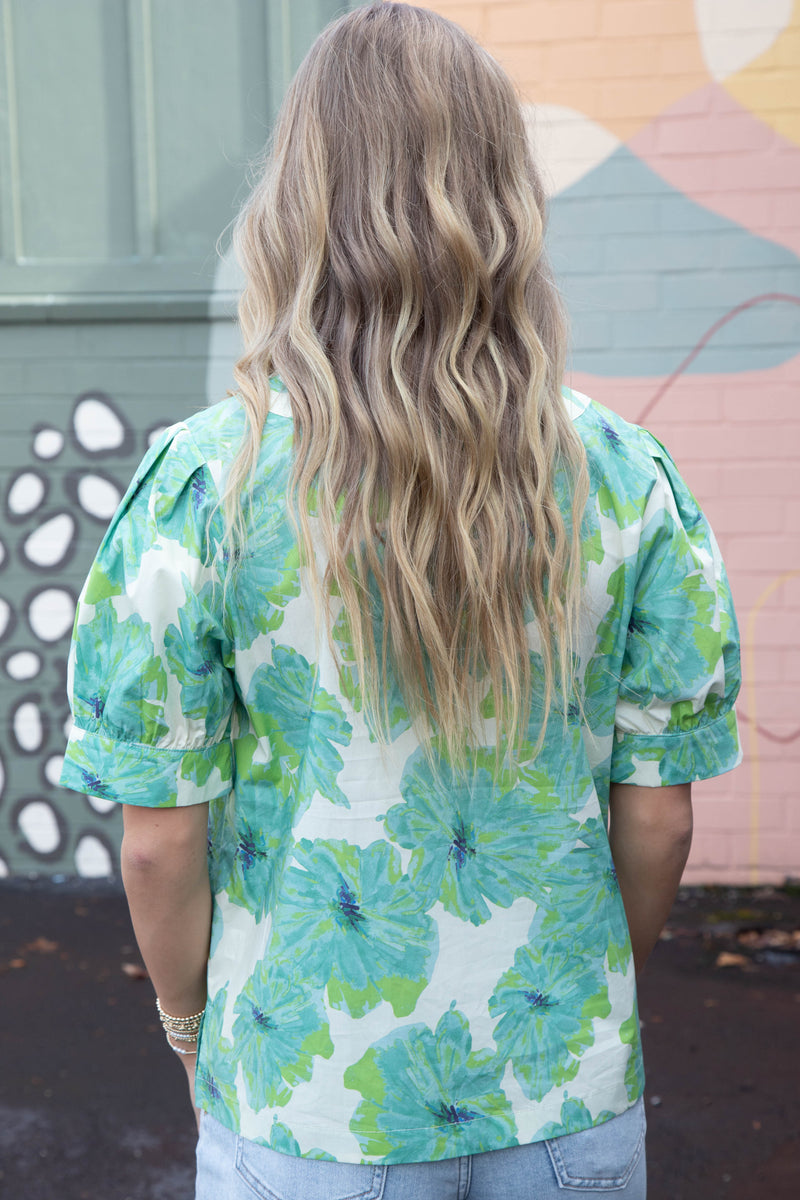 Eden Floral Puff Sleeve Top, Green Ivory Mix