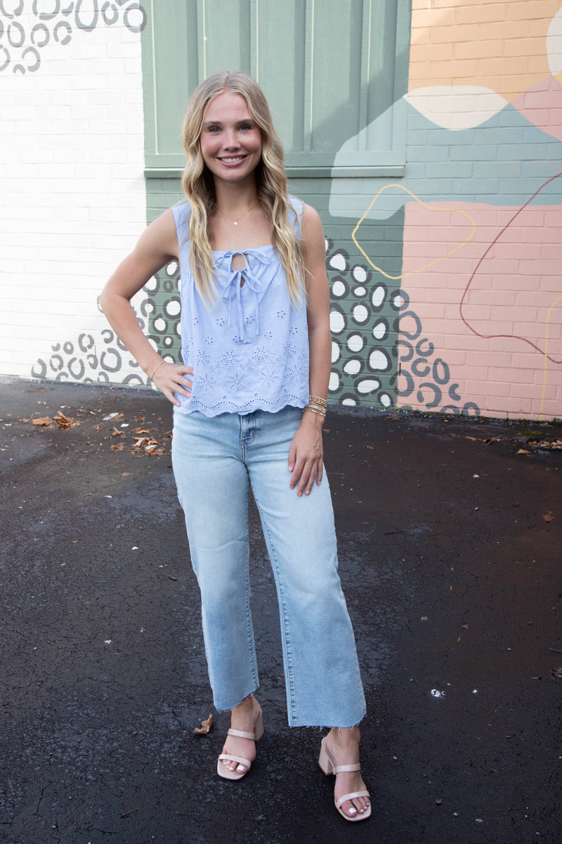Haisley Tie Front Eyelet Top, Periwinkle