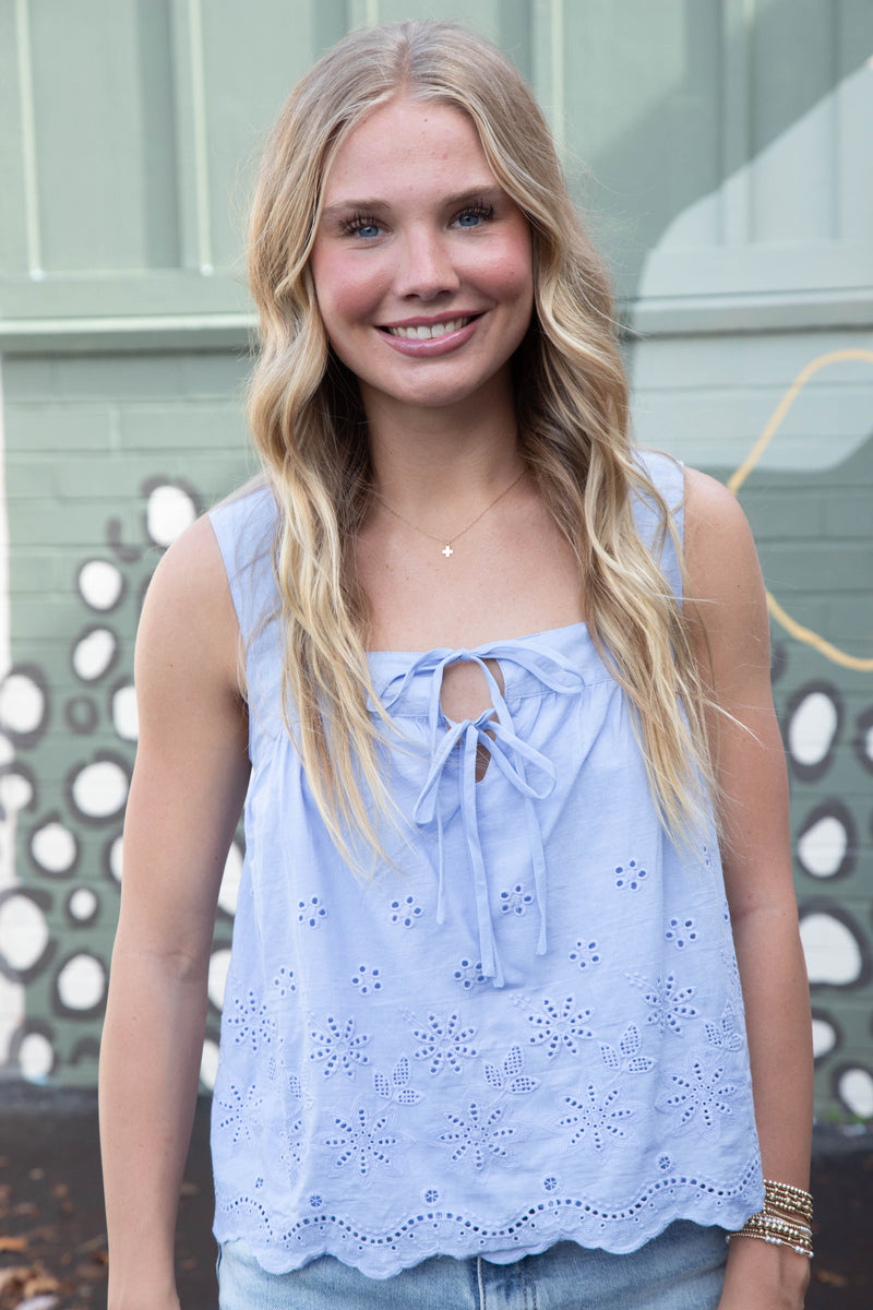 Haisley Tie Front Eyelet Top, Periwinkle