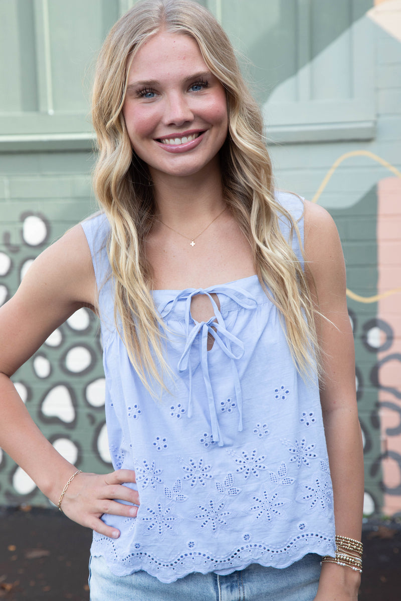 Haisley Tie Front Eyelet Top, Periwinkle