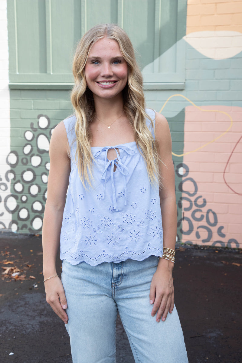 Haisley Tie Front Eyelet Top, Periwinkle