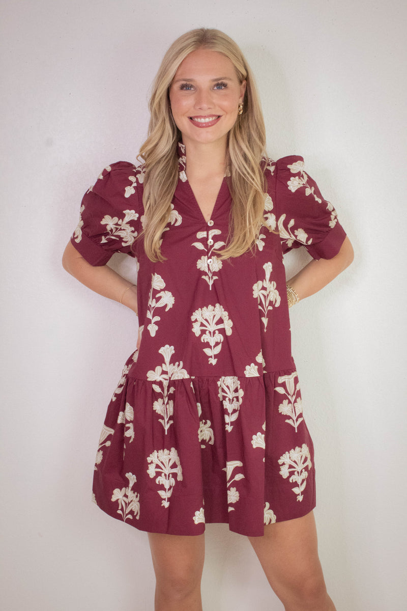 Zoe Printed Mini Dress, Garnet