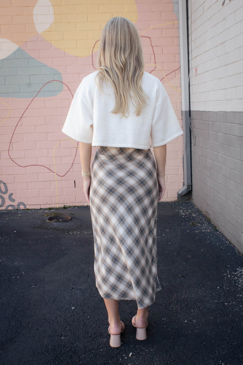 Evangeline Tartan Plaid Flowy Midi Skirt, Charcoal