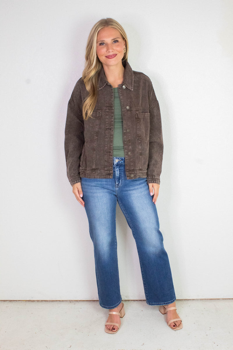 Audrey Button Down Denim Jacket, Black Coffee