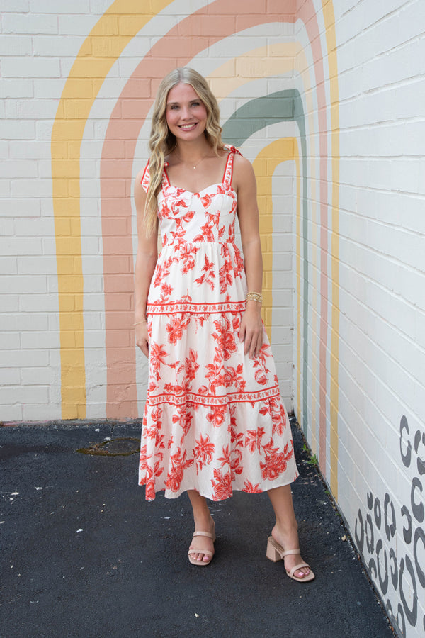Milena Floral Shoulder Tie Bustier Dress, Sunset