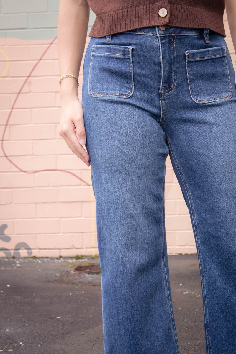 Kaia Crop Wide Leg Patch Pocket Jeans, Dark