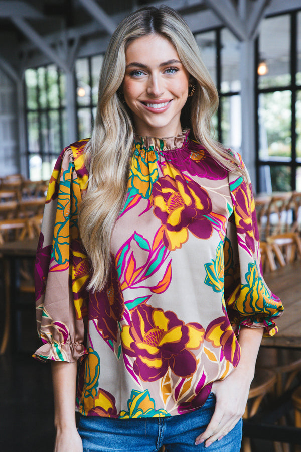 Jolie Floral Ruffle Neck Blouse, Mocha