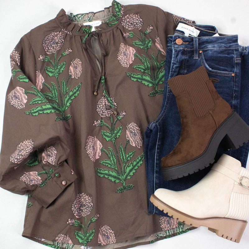 Miranda Floral Bubble Sleeve Blouse, Brown
