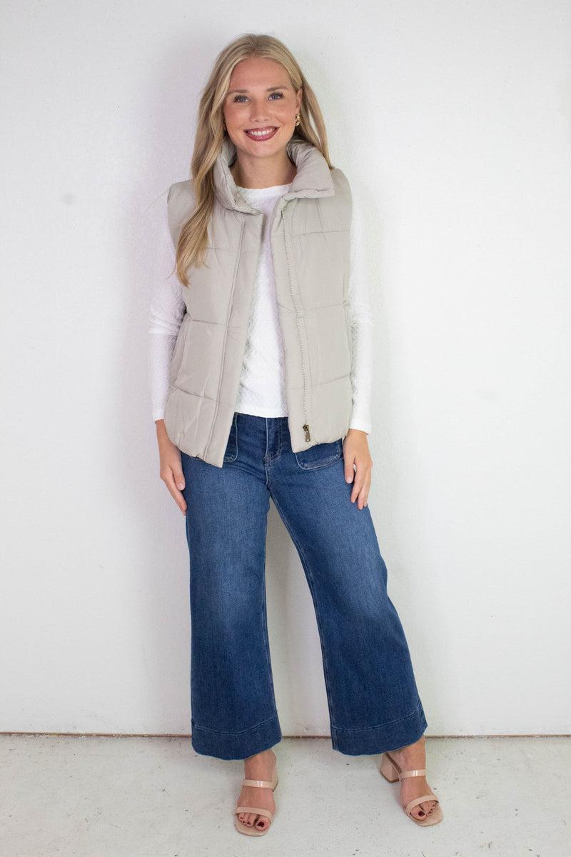 Liv Solid Zip Up Puffer Vest, Cement