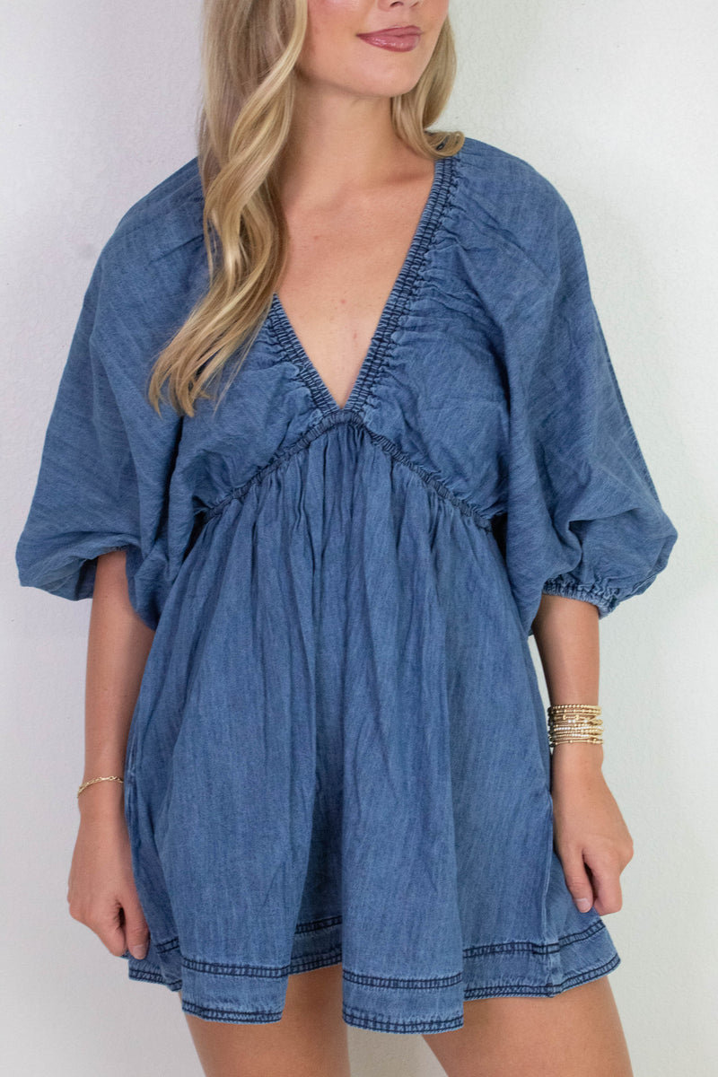 Emry Puff Sleeve Denim Dress, Medium Denim