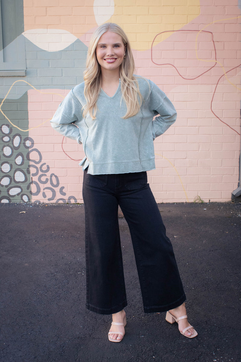 Remy Washed Exposed Seam Knit Top, Moss