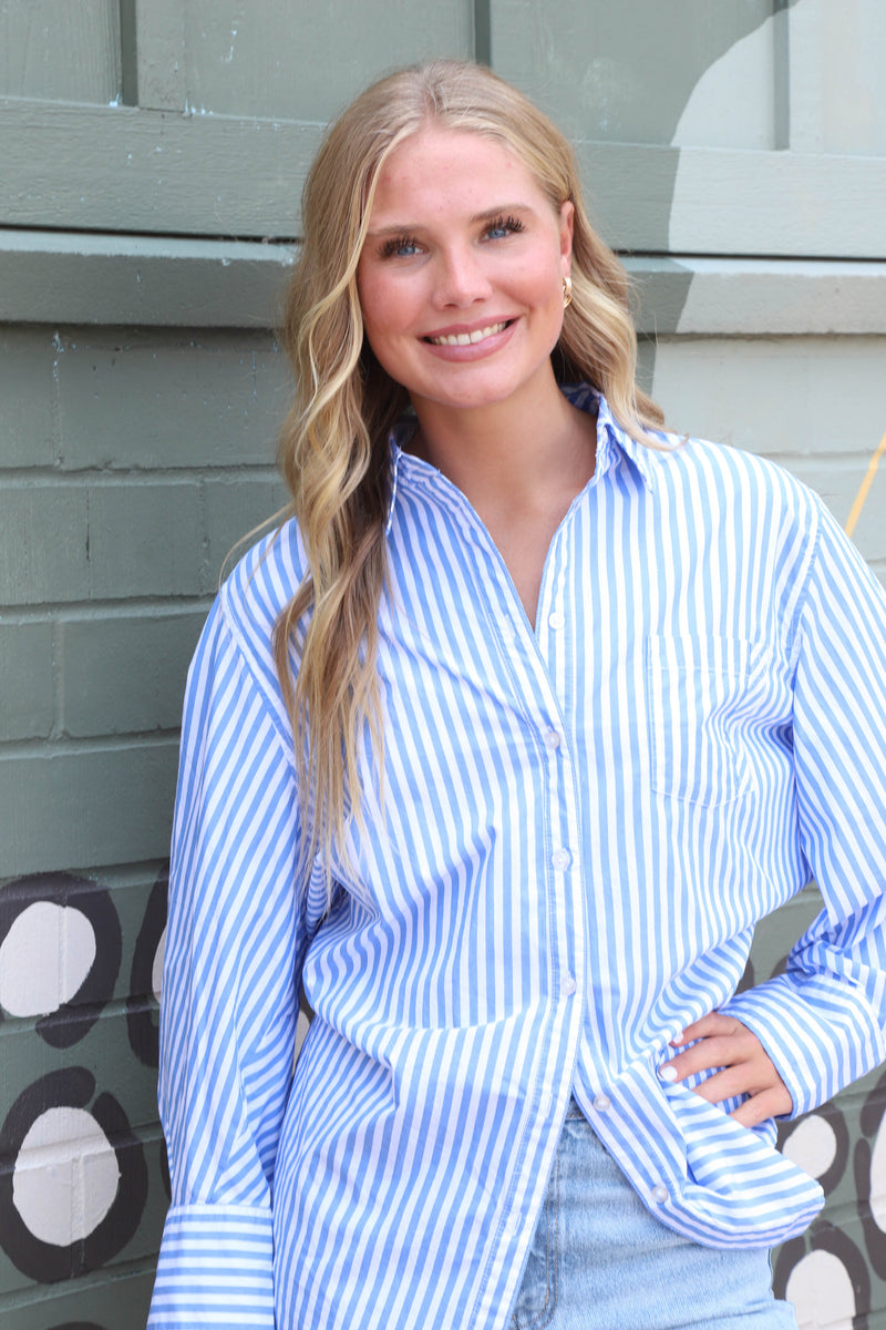 Sabine Tailored Stripe Shirt, Oxford Stripe Blue | Free People
