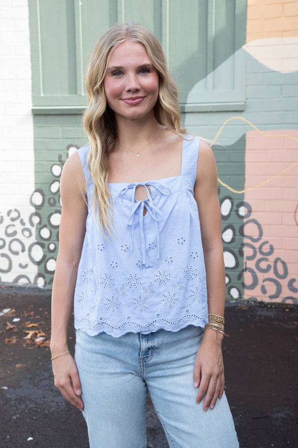 Haisley Tie Front Eyelet Top, Periwinkle