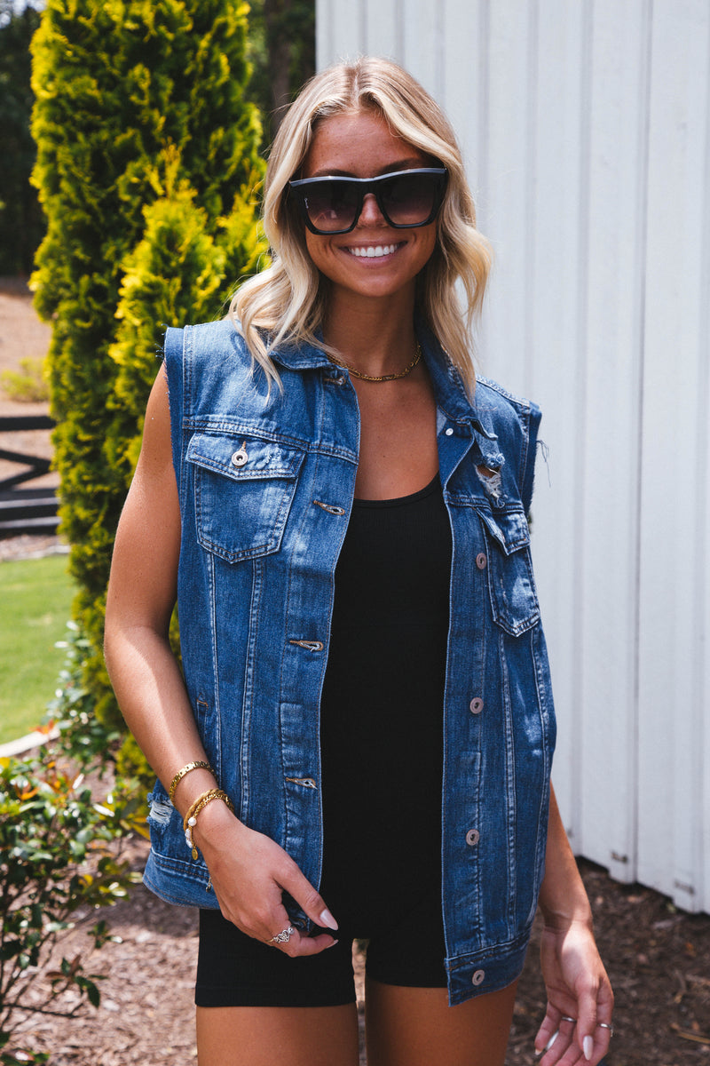 Boyfriend Boxy Denim Vest, Medium Wash