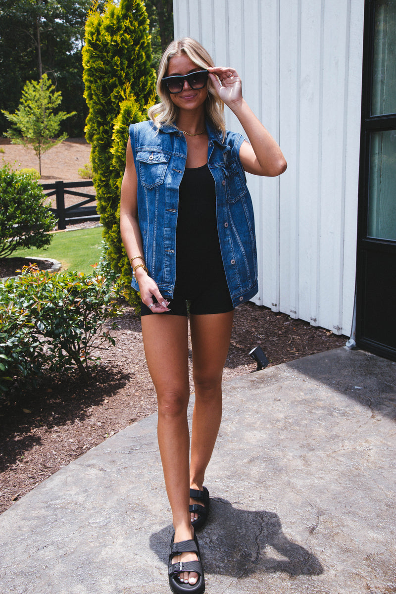 Boyfriend Boxy Denim Vest, Medium Wash