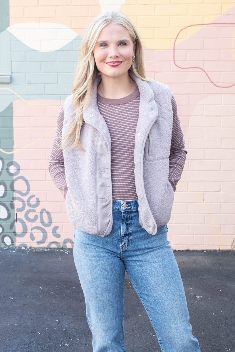 Elena Fleece Button Up Vest, Earth Grey