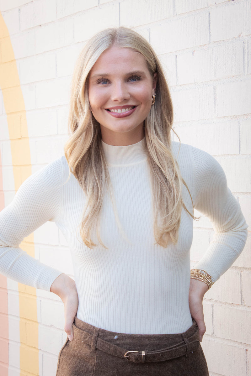 Bella High Neck Ribbed Bodysuit, Cream