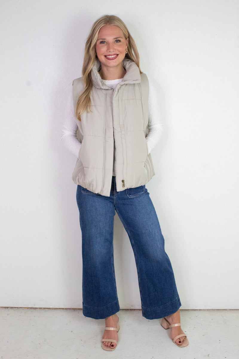 Liv Solid Zip Up Puffer Vest, Cement