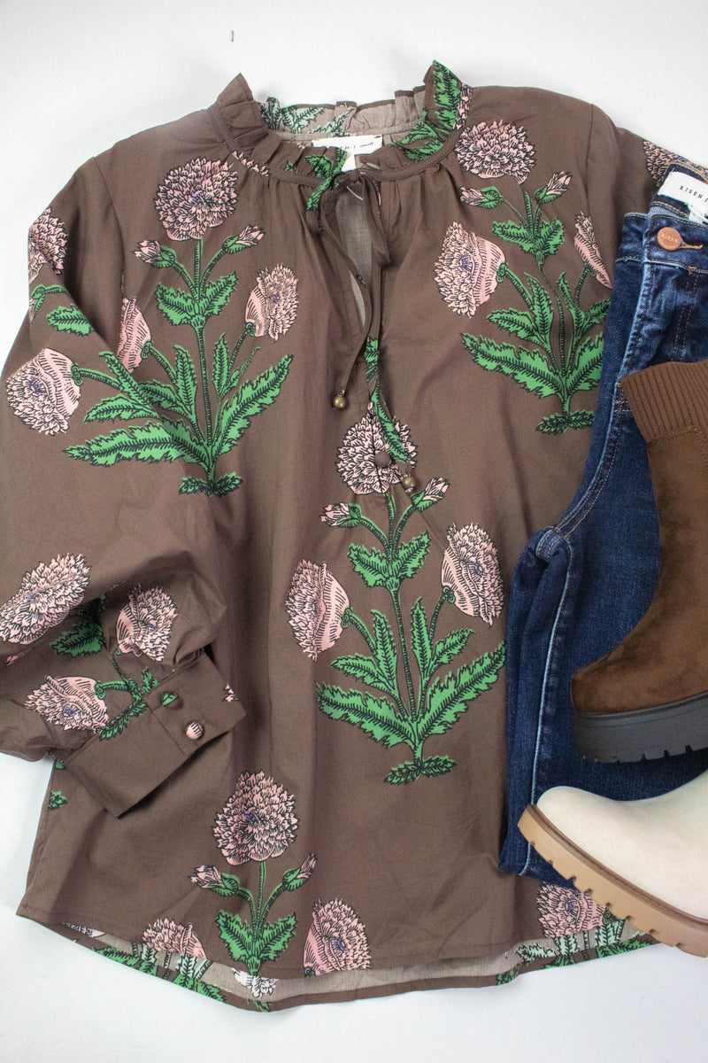 Miranda Floral Bubble Sleeve Blouse, Brown