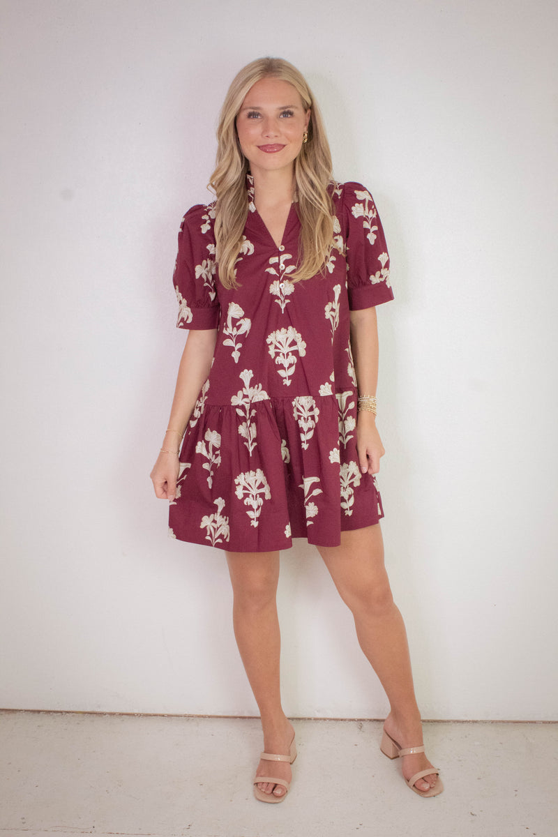 Zoe Printed Mini Dress, Garnet