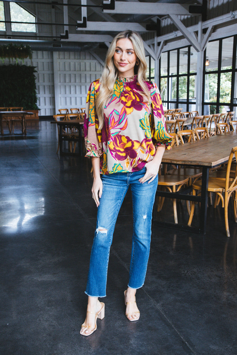 Jolie Floral Ruffle Neck Blouse, Mocha