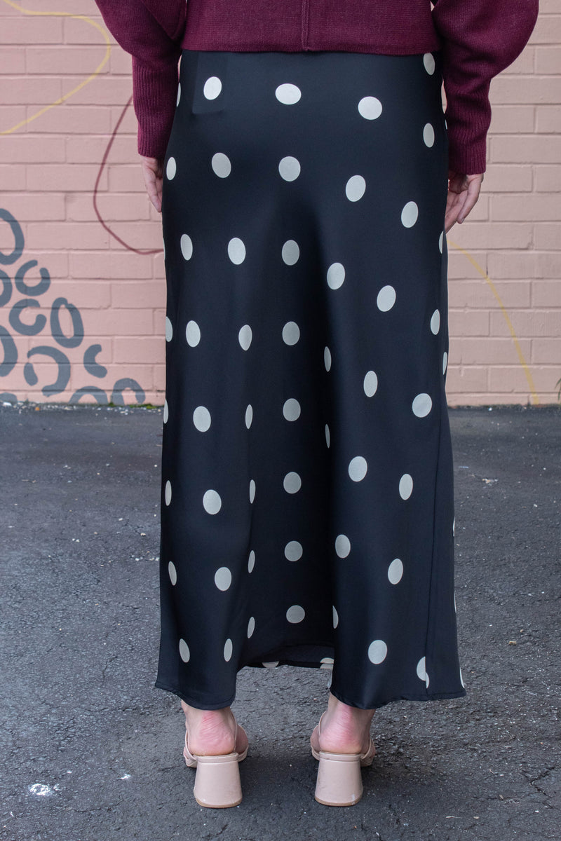 Sloane Satin Polka Dot Midi Skirt, Black-Cream Dot