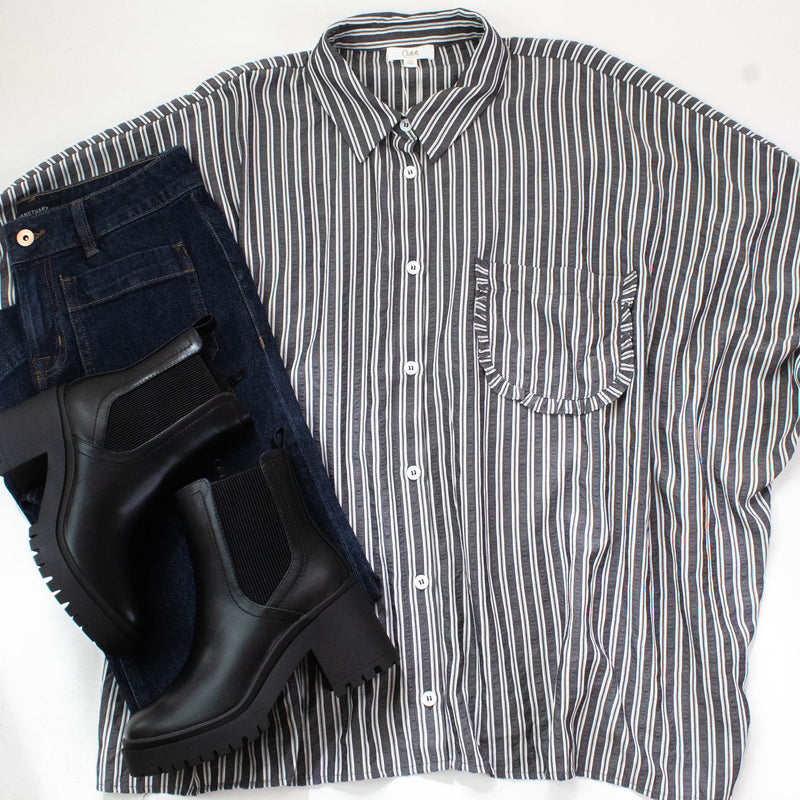 Cressida Striped Button Down Shirt, Black Stripe | Extended Sizes