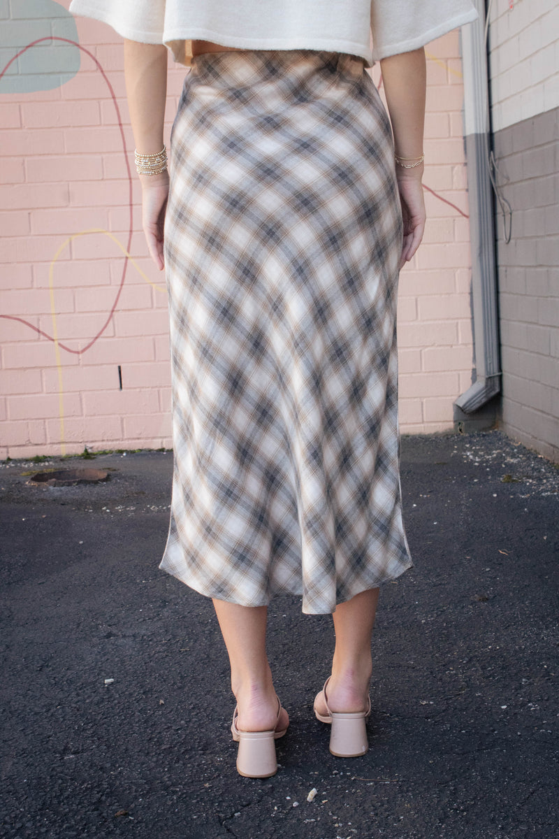 Evangeline Tartan Plaid Flowy Midi Skirt, Charcoal