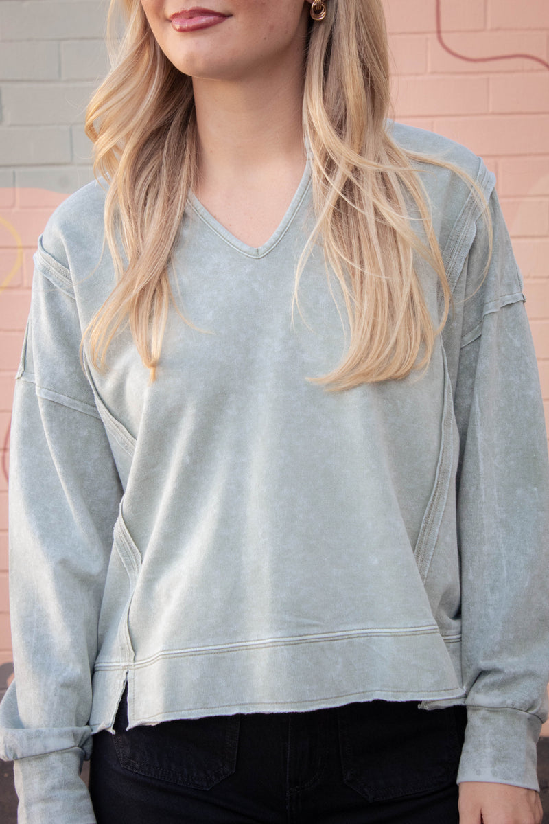 Remy Washed Exposed Seam Knit Top, Moss