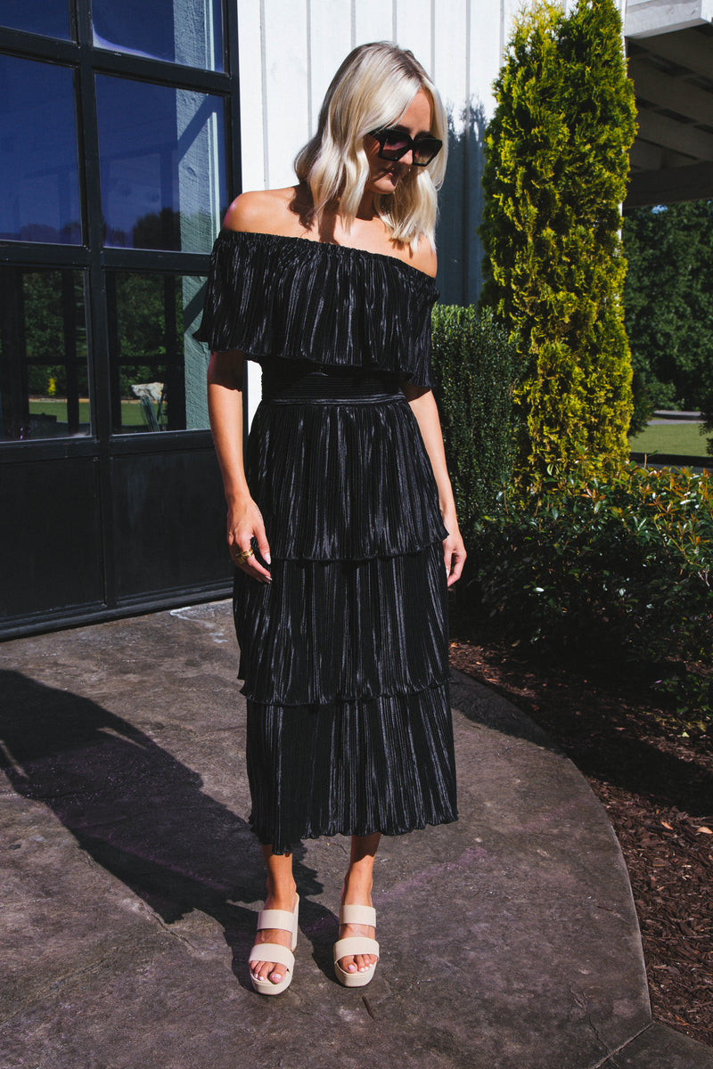 Gamora Pleated Midi Dress, Black