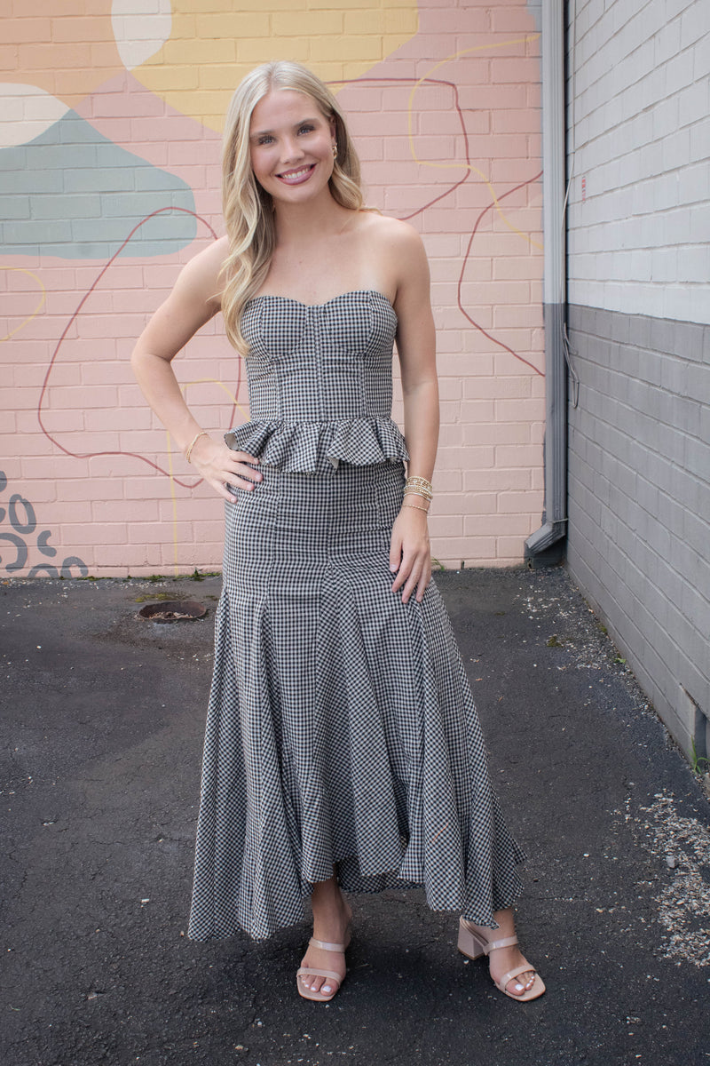 Georgina Checkered Peplum Top, Black Taupe