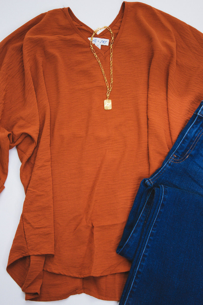 Clarissa V-Neck Woven Blouse, Caramel | Plus Size