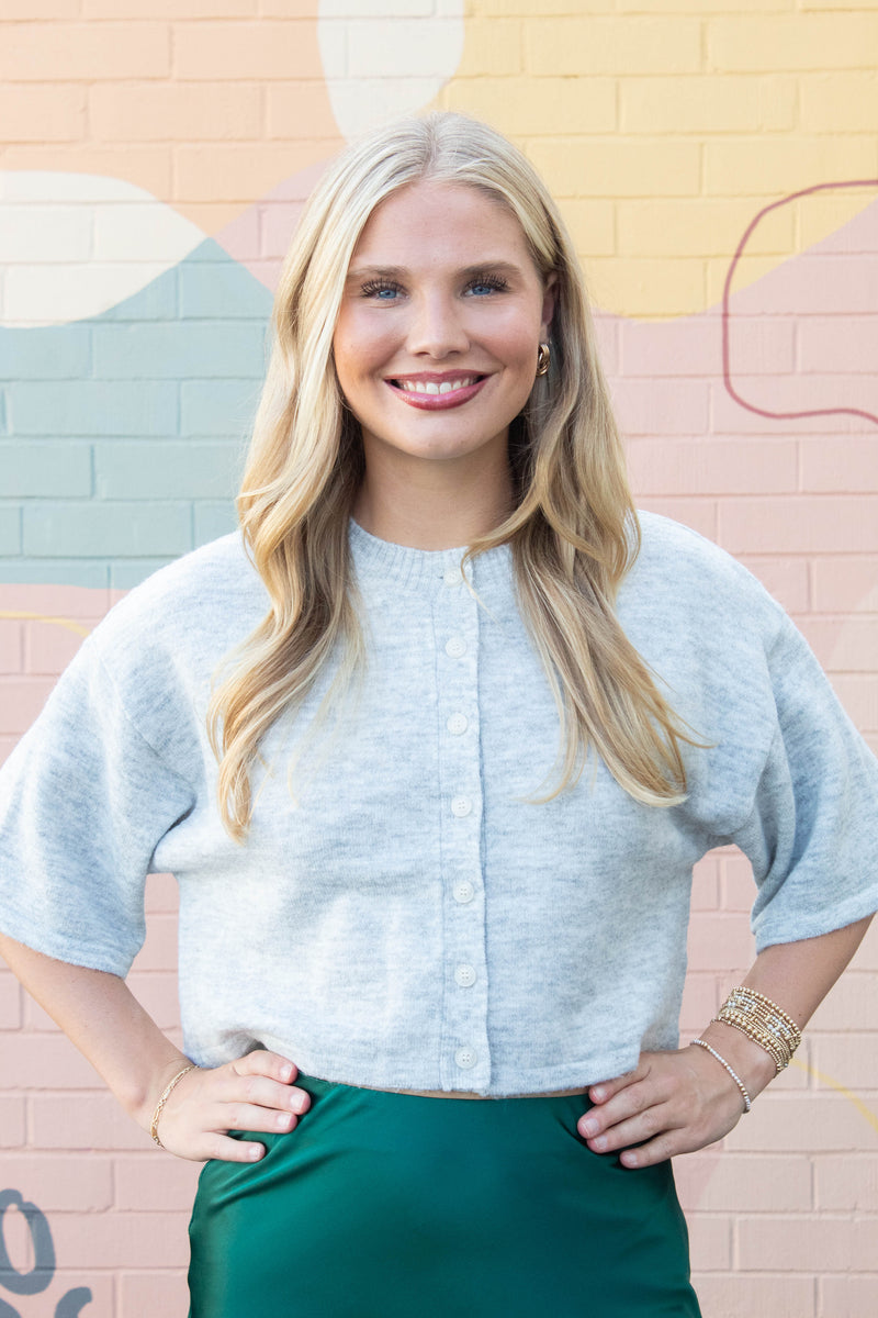 Jeanne Cropped Crew Neck Sweater, Heather Grey