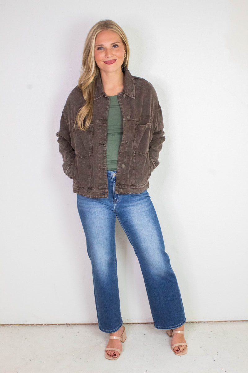 Audrey Button Down Denim Jacket, Black Coffee