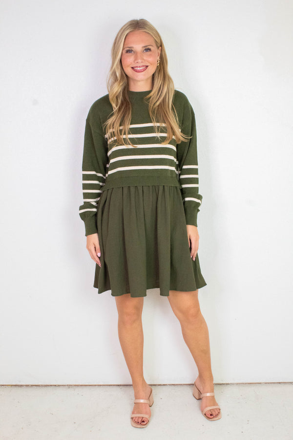 Holland Striped Mix Media Dress, Olive-Cream Stripe