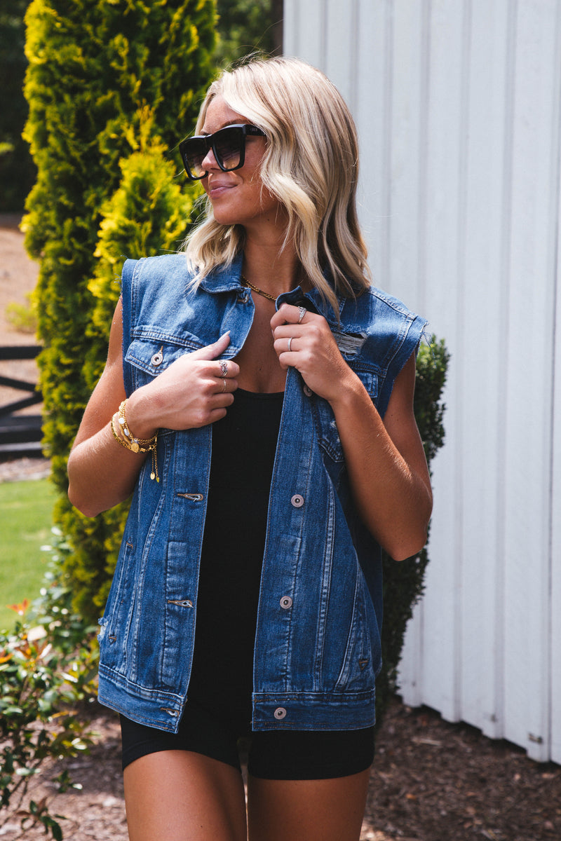 Boyfriend Boxy Denim Vest, Medium Wash
